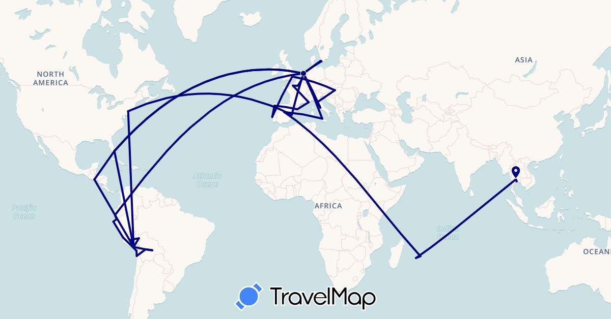 TravelMap itinerary: driving in Belgium, Bolivia, Chile, Denmark, Ecuador, Spain, France, United Kingdom, Hungary, Italy, Mauritius, Netherlands, Peru, Portugal, Réunion, Sweden, El Salvador, Thailand, United States (Africa, Asia, Europe, North America, South America)